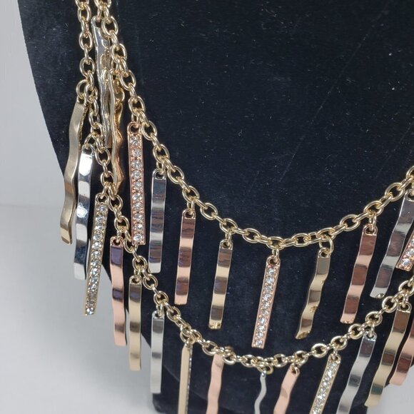 Mixed Metal Fringe Statement Necklace – Gold, Rose & Silver tone Fashion Jewelry - Picture 8 of 12